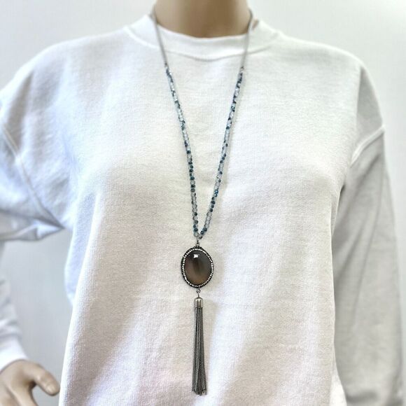 Tassel Chain Necklace Glass Beads Silver Tone Curb 32in Rhinestone Banded Agate - Picture 3 of 14